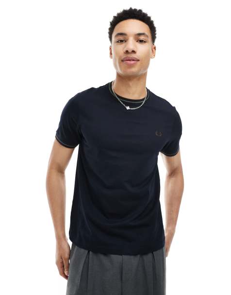 Fred Perry - T-shirt blu navy con doppia riga a contrasto su collo e maniche - view 1