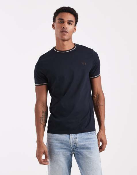 Fred Perry - T-shirt blu navy con doppia riga a contrasto su collo e maniche - view 1