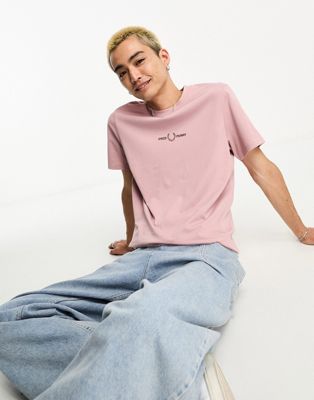 Fred Perry embroidered t-shirt in dusty rose pink - ASOS Price Checker