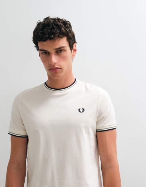 Fred perry - T-shirt color écru con doppio profilo a contrasto, 4 di 5