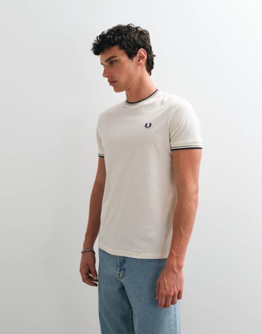 Fred perry - T-shirt color écru con doppio profilo a contrasto, 5 di 5