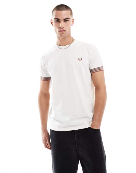 Fred Perry - T-shirt comoda beige chiaro a righe sulle maniche - view 1
