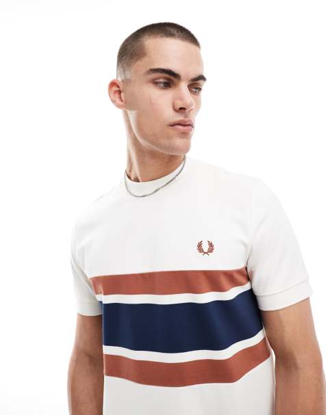 Fred Perry t-shirt in off white with brown and navy panels