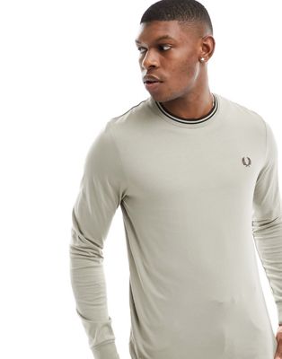 Fred Perry twin tipped long sleeve t-shirt in beige  - ASOS Price Checker