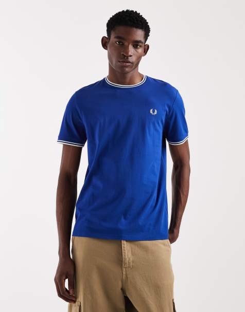 Fred Perry - T-shirt met dubbele gekleurde randjes en logo in felblauw - view 1