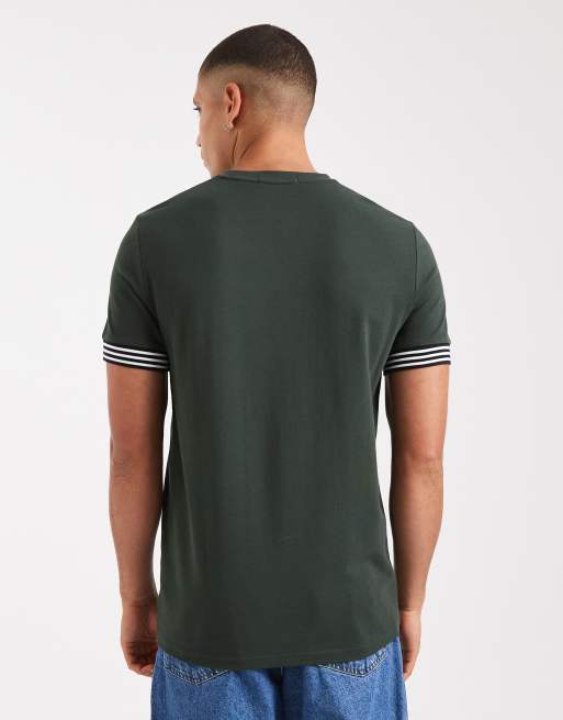 Fred Perry - T-shirt met gestreepte manchetten in groen, 3 van 5
