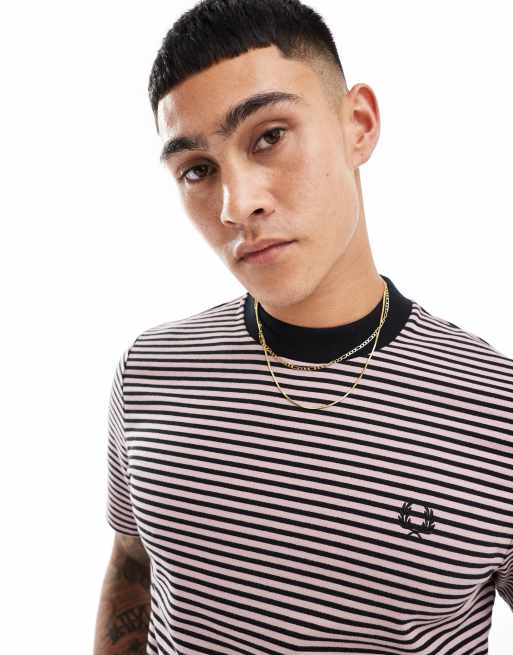 Fred Perry - T-shirt pesante rosa e nera a righe sottili