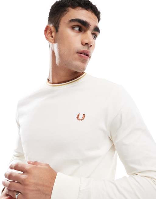 Fred Perry – T-shirt w kolorze złamanej bieli z długimi rękawami i podwójnymi lamówkami