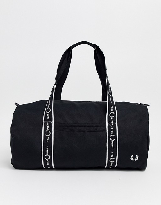 Fred Perry taped logo cavas barrel bag in black
