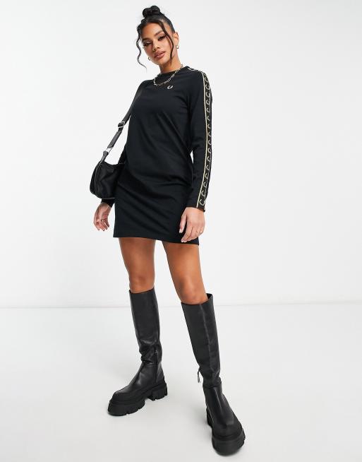 Fred Perry taped long sleeve t shirt dress in black