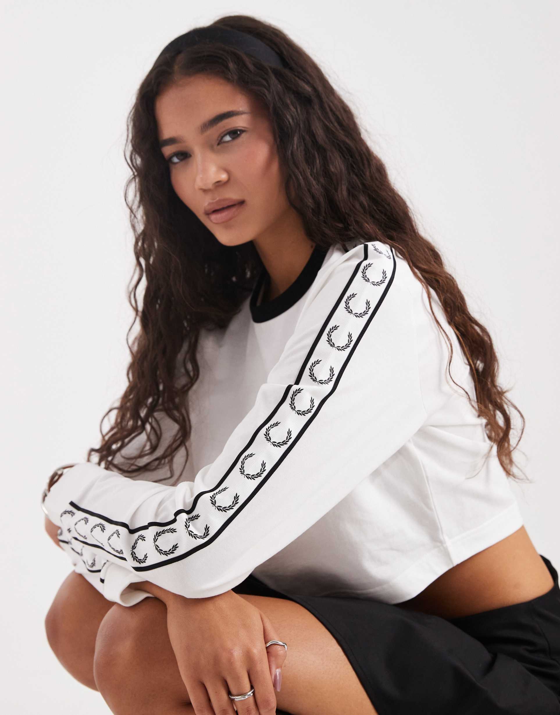 fred perry taped long sleeve t-shirt in white