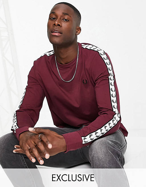 Fred Perry taped long sleeve top in burgundy Exclusive at ASOS