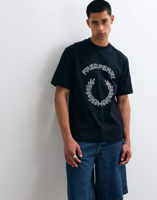 Fred Perry tartan applique logo t-shirt in navy, 5 of 5