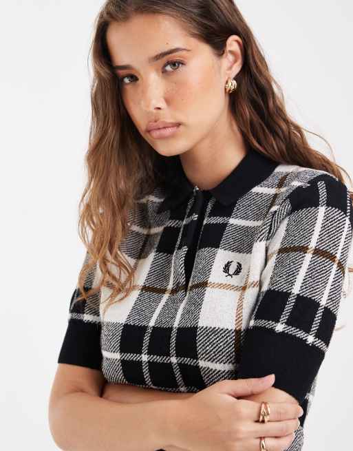 Fred Perry tartan boucle knitted polo shirt in ecru, 4 of 4