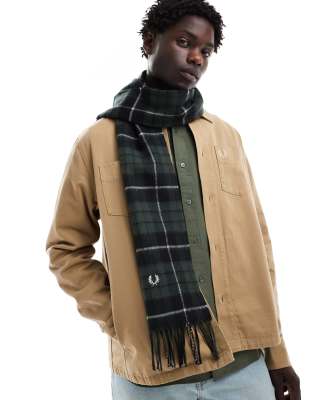 Fred Perry tartan check scarf in green and blue-Black