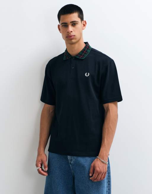 Fred Perry tartan collar polo shirt in navy, 2 of 5