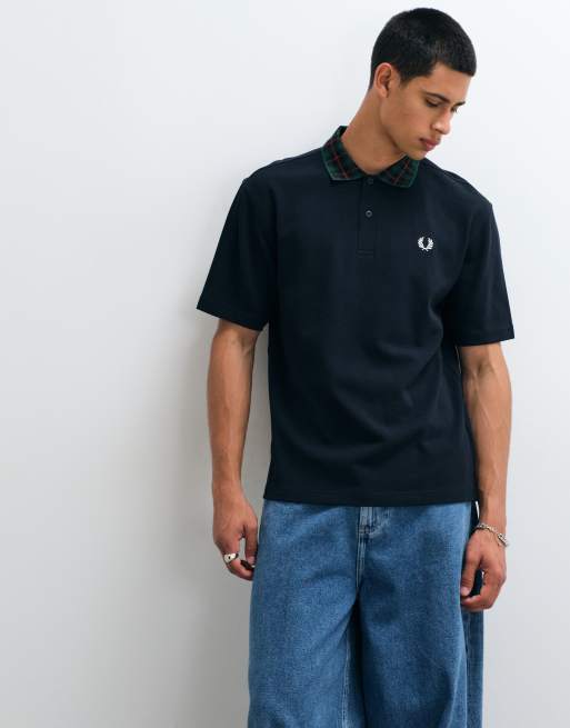 Fred Perry tartan collar polo shirt in navy, 5 of 5