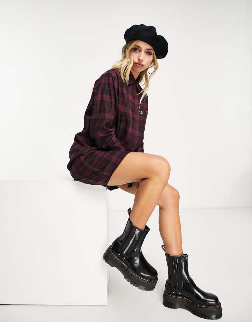 Fred Perry tartan midi shirt dress in red | ASOS