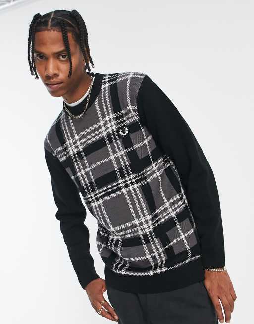 Fred Perry tartan panel jumper in black ASOS