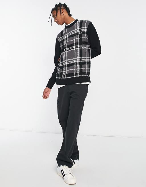 Fred Perry tartan panel jumper in black ASOS