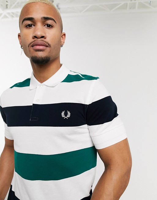 Fred Perry texture stripe polo shirt in white and navy