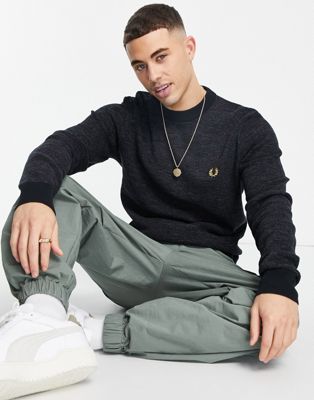 Fred Perry textured crew neck jumper in black