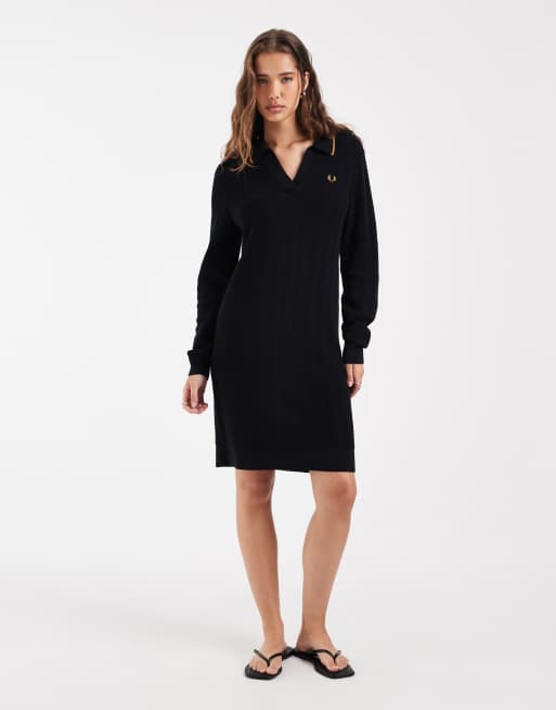 Fred Perry textured kniited shirt dress in black, 2 of 4