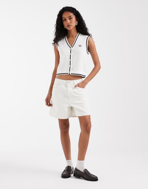Fred Perry textured knit button through tank in white, 3 of 4