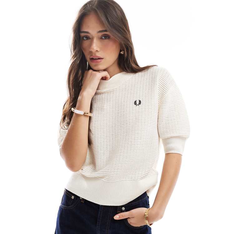 【HI FI FNK】Letter Collar Half Knit Fred Perry textured knit high neck top in ecru | ASOS