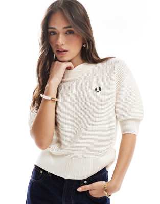 fred perry textured knit high neck top in ecru