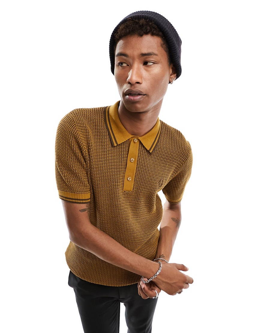 Fred perry textured knit polo in dark caramel-Copper