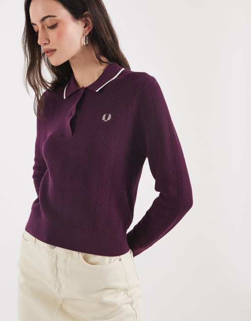 Fred Perry textured knitted collared shirt in plum, 2 of 4
