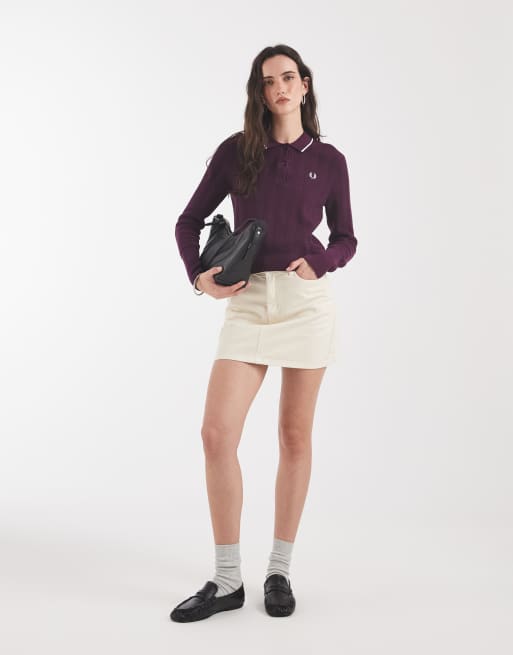 Fred Perry textured knitted collared shirt in plum, 3 of 4