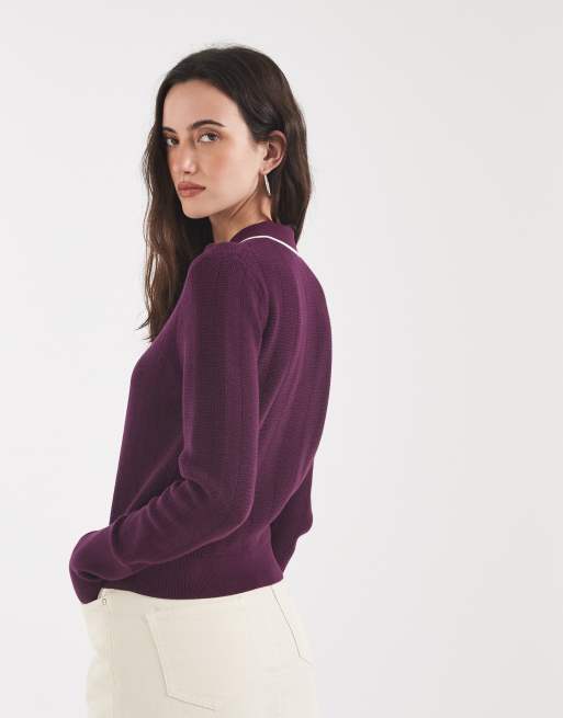 Fred Perry textured knitted collared shirt in plum, 4 of 4