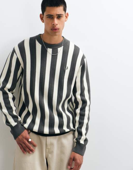 Fred Perry textured stripe jumper in green and ecru , 2 of 5