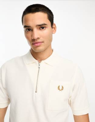 Fred Perry Fred Perry textured zip neck polo shirt in ecru white