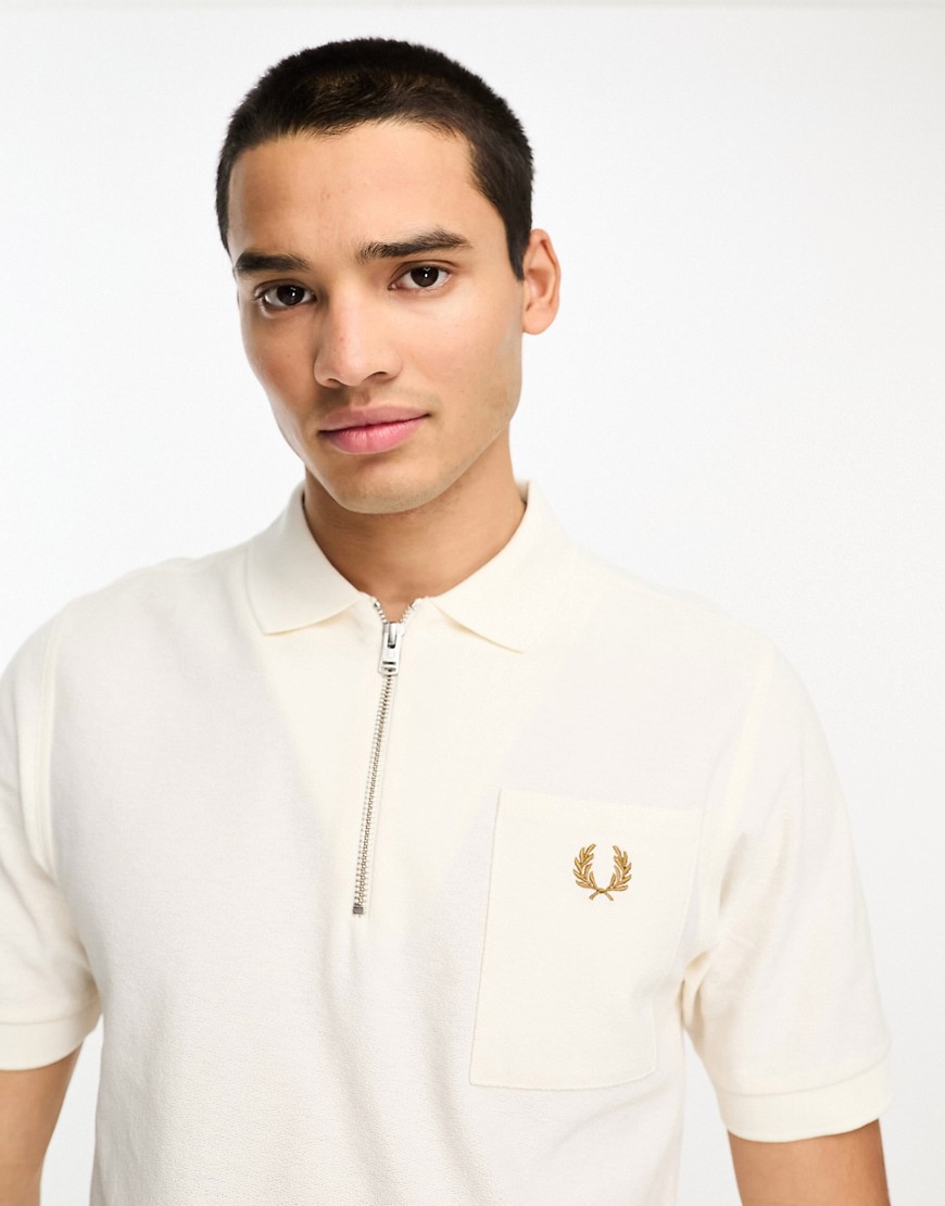 Fred Perry textured zip neck polo shirt in ecru white