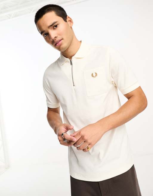 Fred Perry textured zip neck polo shirt in ecru white