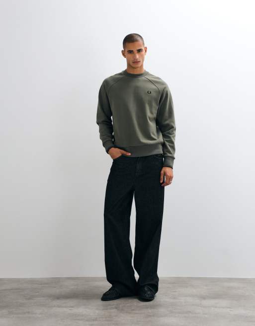 Fred Perry tipped crew neck sweatshirt in dark airforce khaki, 2 of 10