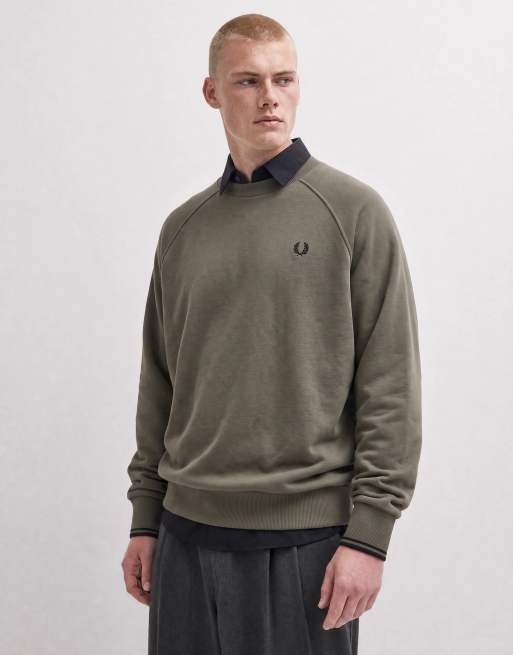 Fred Perry tipped crewneck sweatshirt in dark airforce khaki, 10 of 10