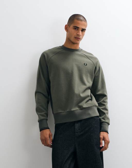 Fred Perry tipped crewneck sweatshirt in dark airforce khaki, 3 of 10