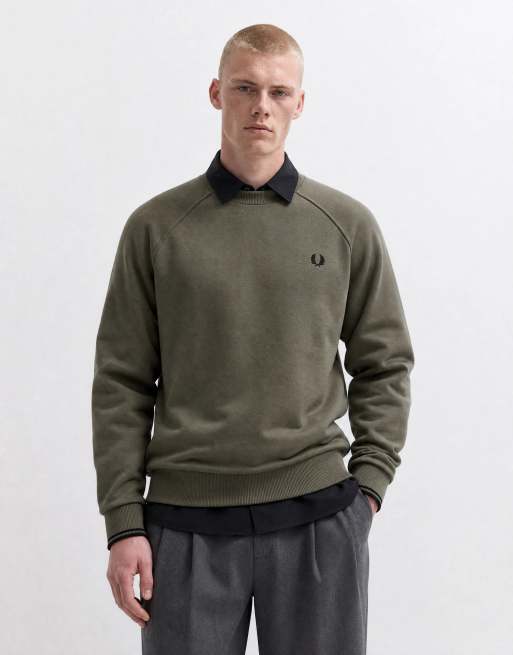 Fred Perry tipped crewneck sweatshirt in dark airforce khaki, 6 of 10
