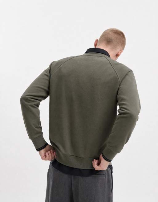 Fred Perry tipped crewneck sweatshirt in dark airforce khaki, 7 of 10