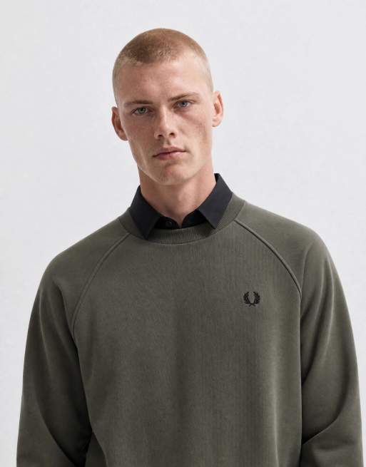 Fred Perry tipped crewneck sweatshirt in dark airforce khaki, 8 of 10