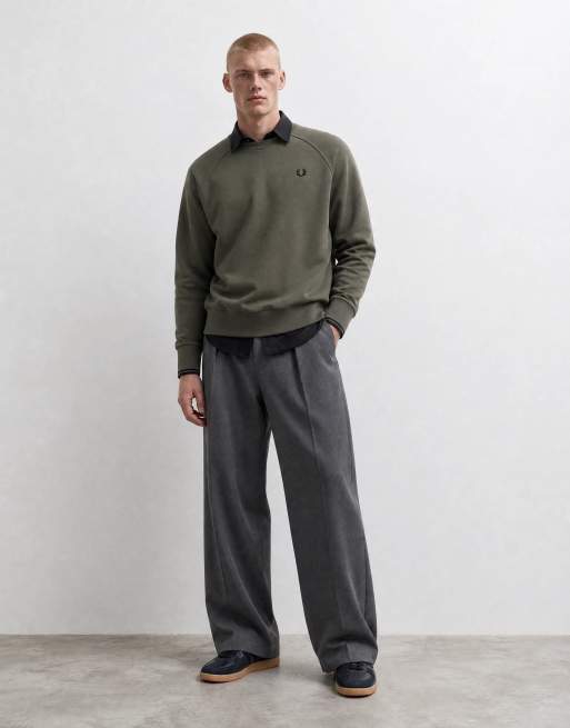Fred Perry tipped crewneck sweatshirt in dark airforce khaki, 9 of 10