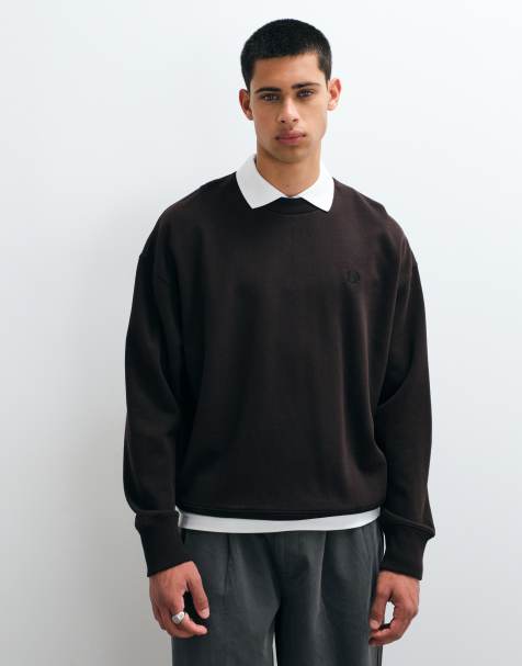 Fred Perry tipped crewneck sweatshirt in dark brown - view 1