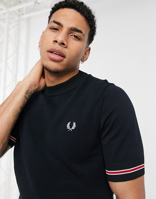 Fred Perry tipped cuff knitted t-shirt in navy