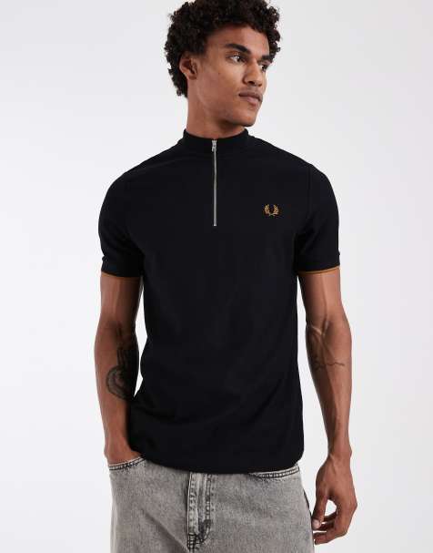 Fred Perry tipped cuff pique zip polo shirt in black - view 1