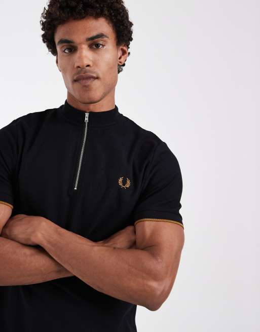 Fred Perry tipped cuff pique zip polo shirt in black , 5 of 5