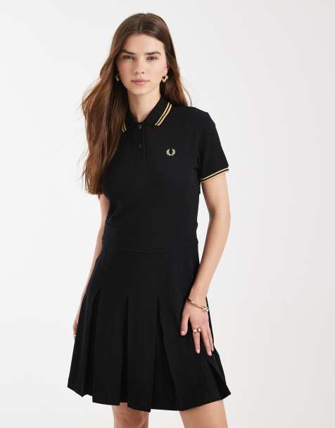 Fred Perry tipped logo pleated tennis midi dress in black